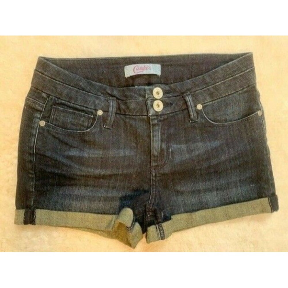 Candies Size 5 Womens Shorts Dark Wash Stretch Cuff Hems Mid Rise